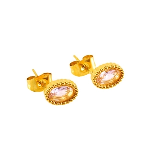 Orecchini vintage ovali placcati oro con gemma rosa chiaro e decorazione milgrain