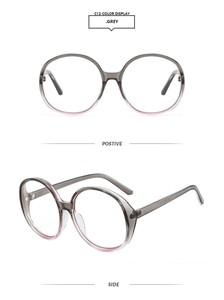 Detailed front and side views of round oversized grey gradient fashion sunglasses
