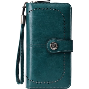 Vintage dark green long wallet for women with RFID protection and wristlet strap