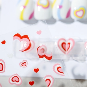 Self-adhesive 5D heart nail art stickers with pink wave lines on transparent sheet