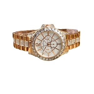 Elegant gold ladies watch with sparkling rhinestones and white glitter dial on white background