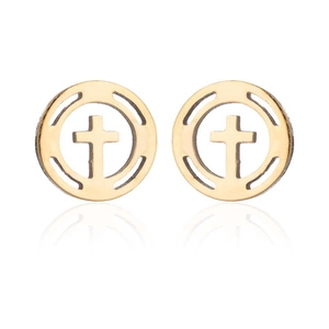 Macro shot of gold hollow circular stud earrings featuring classic cross pendants