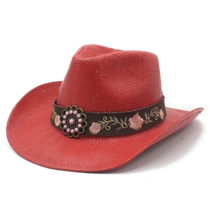 Red straw cowboy hat with embroidered floral band and vintage metal bead decoration