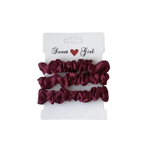 Three-piece set of wine red satin hair scrunchies with elegant silk sheen and soft texture