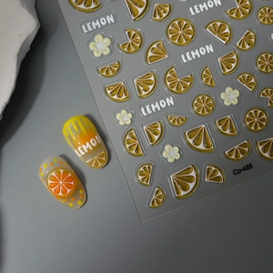 5D embossed lemon nail art stickers featuring yellow fruit slices and floral patterns