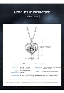 Macro detail of S925 sterling silver heart necklace with 1 carat moissanite and dimensions
