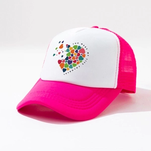 Detail of pink mesh trucker hat crown with colorful heart print and vibrant text