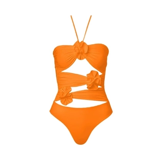 Maillot de bain une pièce orange licou avec découpes et appliques fleurs 3D