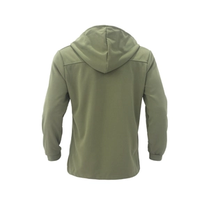 Back view of men's slim fit hooded trench coat in olive green with ribbed cuffs