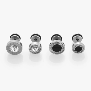 Detailed view of stainless steel stud earrings with Greek key patterns and cubic zirconia