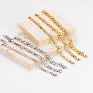 Punk style Cuban and Figaro stainless steel chain bracelets in gold and silver finish
