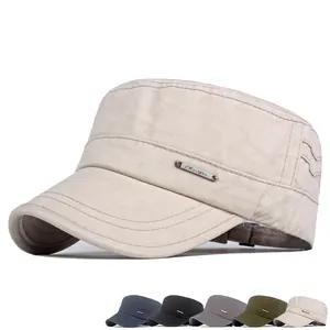 Flat top cotton cadet cap in beige with multiple color options and metal side logo