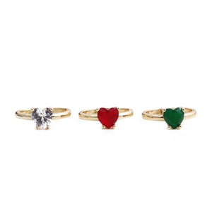 Minimalist gold plated heart ring set with colorful gemstones in white, red and green