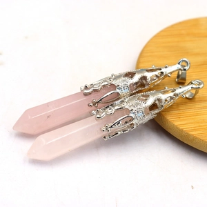 Natural pink quartz hexagonal prism pendant necklace with ornate silver flower metal cap