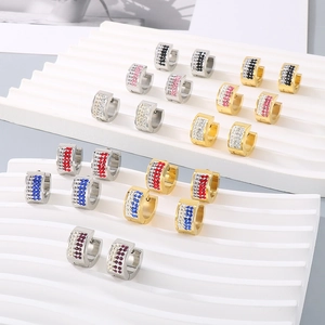Detailed display of assorted colorful rhinestone inlay stainless steel hoop earrings