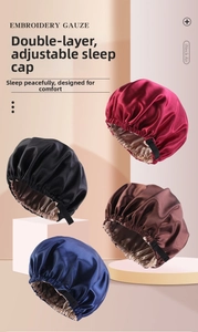 Close-up of adjustable satin sleep caps in burgundy, black, brown and navy blue on stands