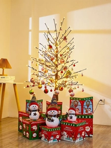 Lighted Christmas tree with colorful ornaments, plush snowmen, and festive gift boxes