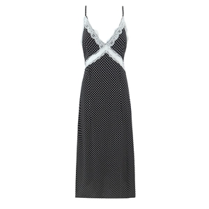 Women Polka Dot Midi Dress With Lace Trim V Neck Spaghetti Strap Sleeveless French Retro Sexy Summer Rayon Outfit