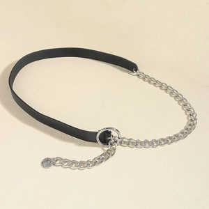 Fashionable multilayer chain belt with black leather and silver metal links for dresses