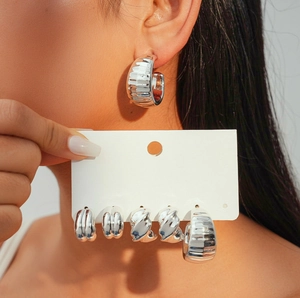 6-piece silver geometric C-shaped textured stud earrings set for women in minimalist style