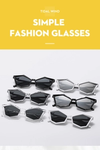 Detailed group shot of geometric pentagonal sunglasses in multiple modern frame colors