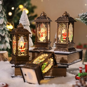 Bronze Christmas lanterns with Santa and snowman figurines in warm festive lighting