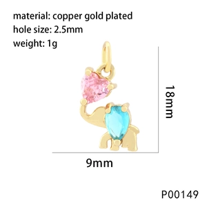 Copper gold plated elephant pendant with pink heart gemstone and precise measurements