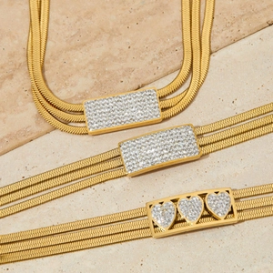 Stainless Steel Heart Rhinestone Jewelry Set For Women Gold Silver Plated Multi-layer Snake Chain Necklace Bracelet Accessories