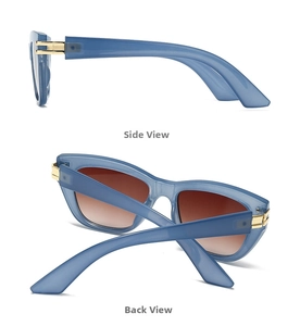 Blaue lichtdurchlässige Sonnenbrille mit Metallscharnieren und braunen Verlaufsgläsern