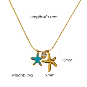 Minimalist gold titanium starfish necklace with blue enamel pendant and zircon accents
