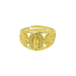 Close-up of Virgin Mary medallion ring with gold plating and sparkling zircon detail