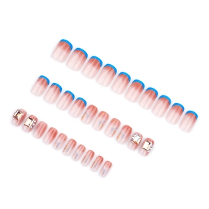 Blue French style and rhinestone ombre press-on nails set in square-oval shape