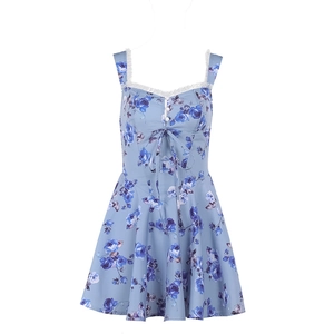 A-Linien-Kleid mit Blumenmuster, V-Ausschnitt, Spitzenbesatz und schmalen Trägern in Hellblau