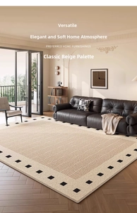 Detail of French vintage rug with geometric weaving texture and black square border