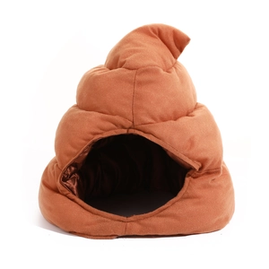 Funny brown plush poo hat headwear with soft fabric texture on white background