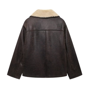 Rear view of a dark brown faux leather jacket with light beige faux fur collar trim
