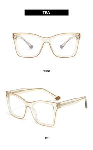 Detailed front and 45-degree views of translucent tea-colored cat-eye glasses frames