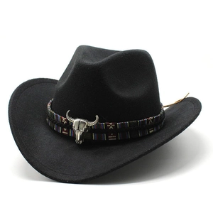 Chapeau De Cowboy Western Feutre Fedora Bande Tissée Ethnique Crâne De Bœuf Métal Bord Large Hommes Femmes Outdoor