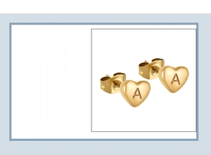 Macro view of 18K gold plated heart stud earrings featuring an engraved letter A