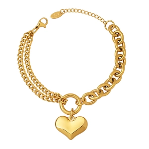 18K gold plated heart pendant bracelet with Cuban link and cable chain design