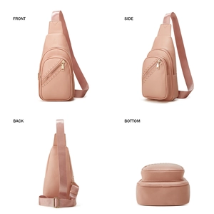 Front, side, back, and bottom views of this pink leather multifunctional sling bag