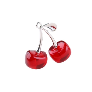 Sweet red resin cherry pendant with silver metallic leaf for DIY jewelry making