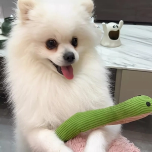 Green corduroy plush snake toy for small dogs and cats, interactive squeaky chew toy