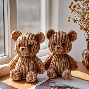 Close-up of cute brown teddy bear candles with detailed corduroy texture and ribbed surface