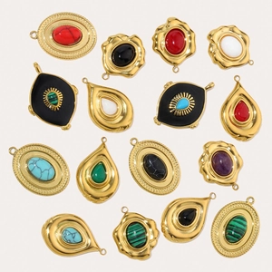 French style vintage natural stone drop pendants in gold titanium steel for DIY jewelry
