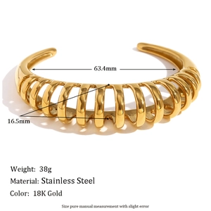 18K gold plated stainless steel hollow wave bangle with minimalist open cuff design