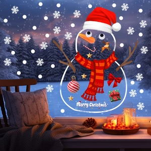 Detail of Christmas snowman window stickers with red scarf and snowflakes on glass