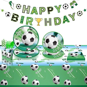 Soccer Theme Birthday Party Tableware Supplies Disposable Paper Plates Cups Napkins Tablecloth Banner Cake Topper Decorations