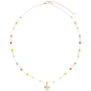 Handmade beaded mushroom necklace with colorful seeds and gold pendant on white background