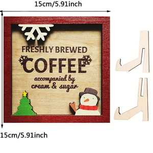 Square wooden coffee sign with Christmas tree and snowman decor, size 15x15cm